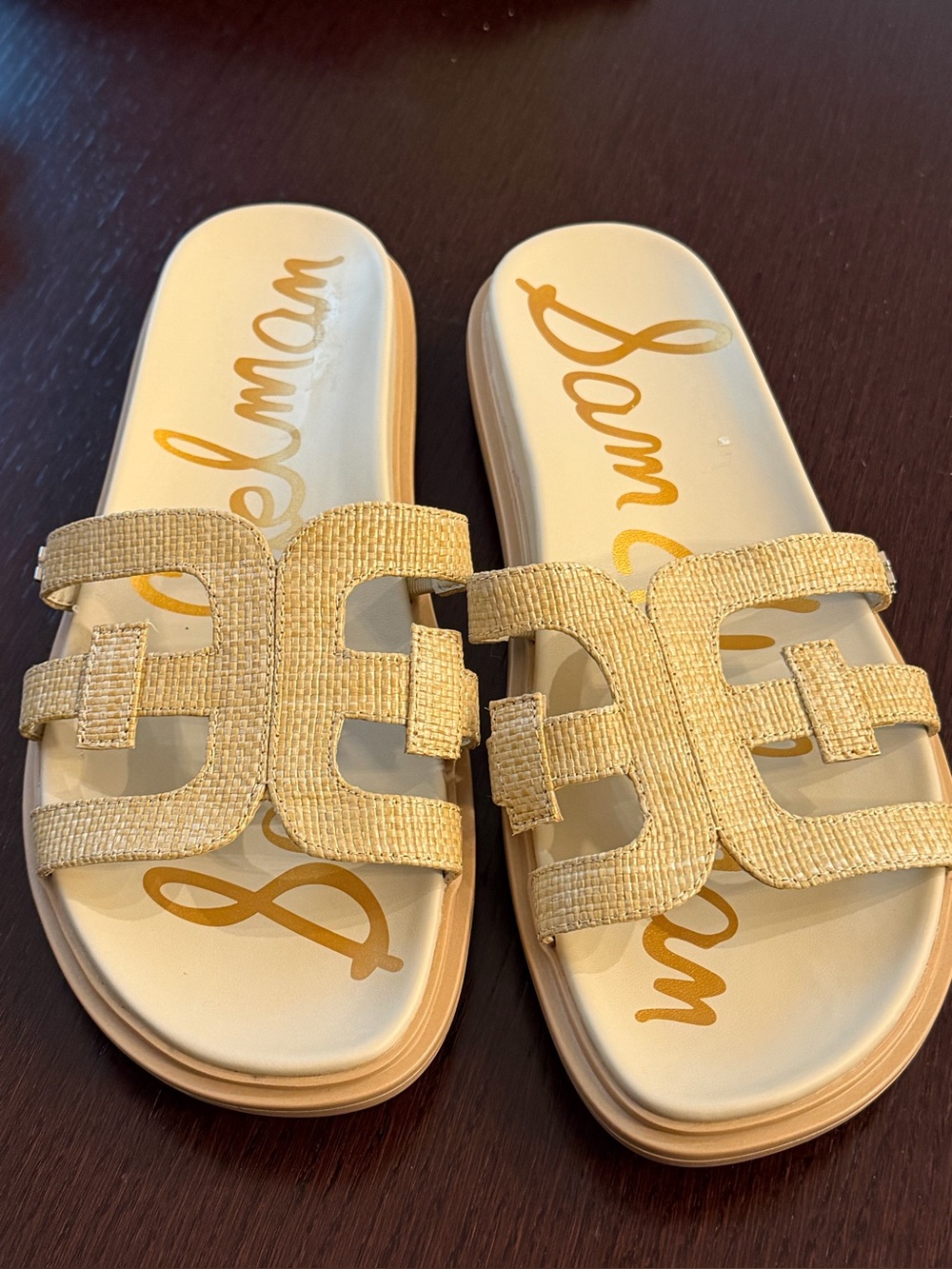 Delman Beige Woven Slide Sandals